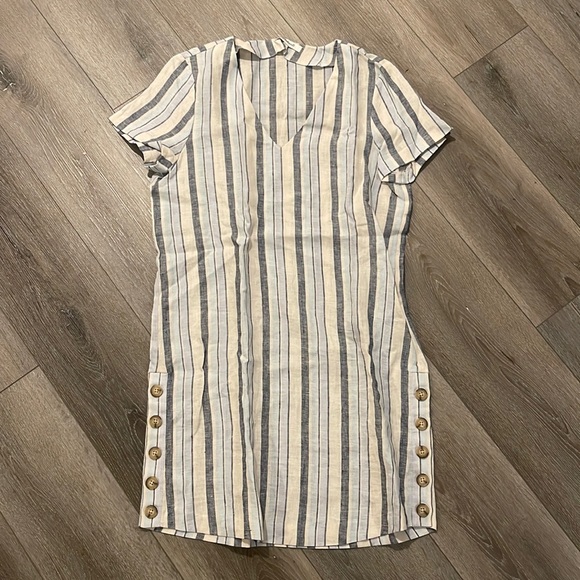 Madewell Striped Blue Linen Short Sleeve Side Button Dress Cover Up Size Small - Picture 1 of 5